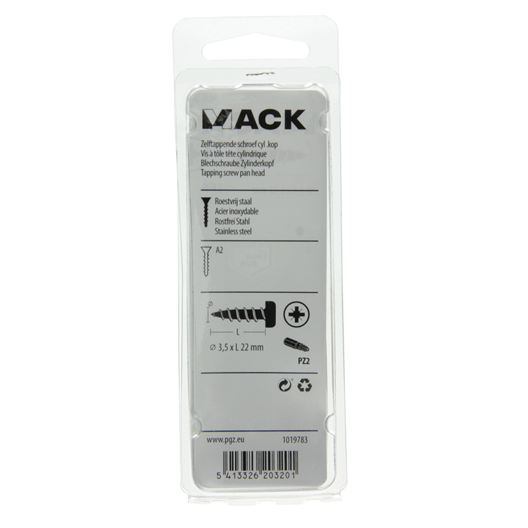 Mack 1019783 - zelftappende schroef cyl.kop a2 11 st 3,5 x 22 mm | 10 stuks