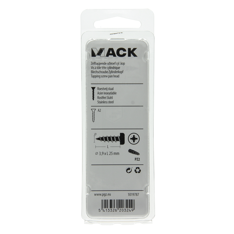 Mack 1019787 - zelftappende schroef cyl.kop a2 9 st 3,9 x 25 mm | 10 stuks