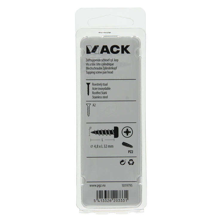 Mack 1019795 - zelftappende schroef cyl.kop a2 7 st 4,8 x 32 mm | 10 stuks