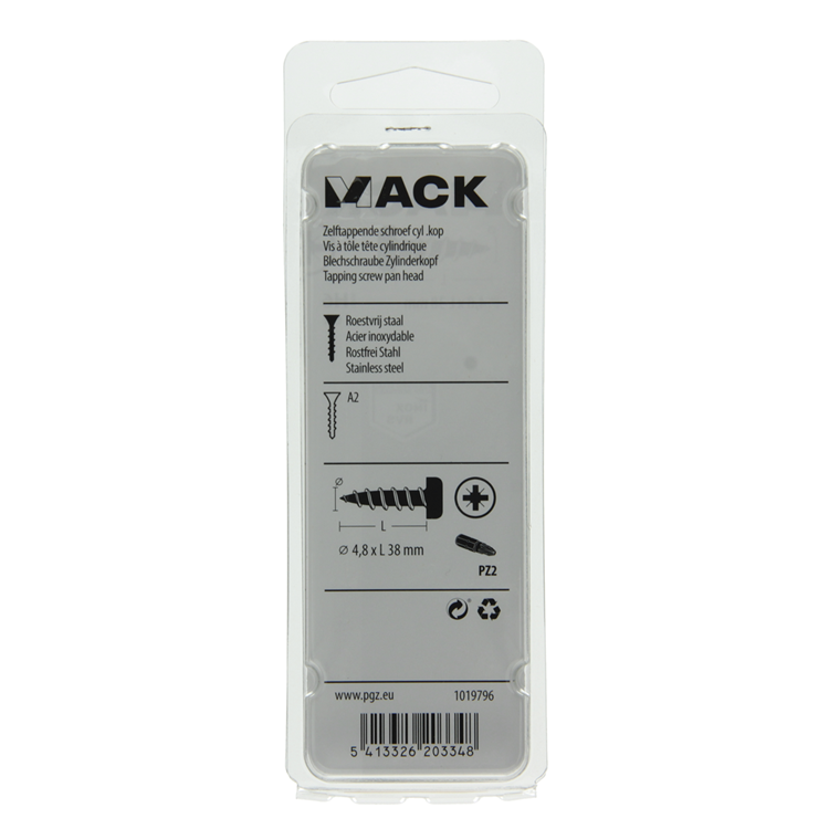 Mack 1019796 - zelftappende schroef cyl.kop a2 6 st 4,8 x 38 mm | 10 stuks