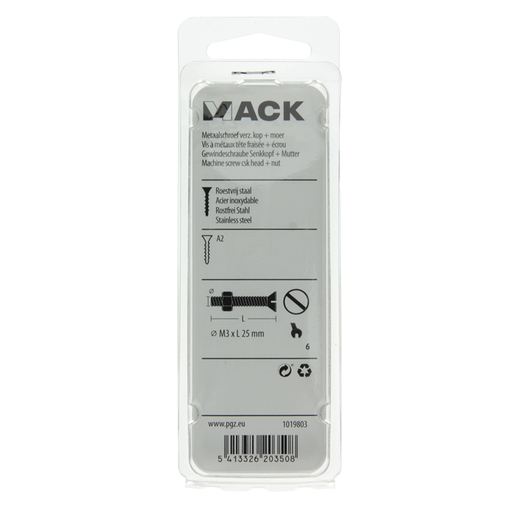 Mack 1019803 - metaalschroef verz. kop + moer rvs 15 st m3x25 | 10 stuks