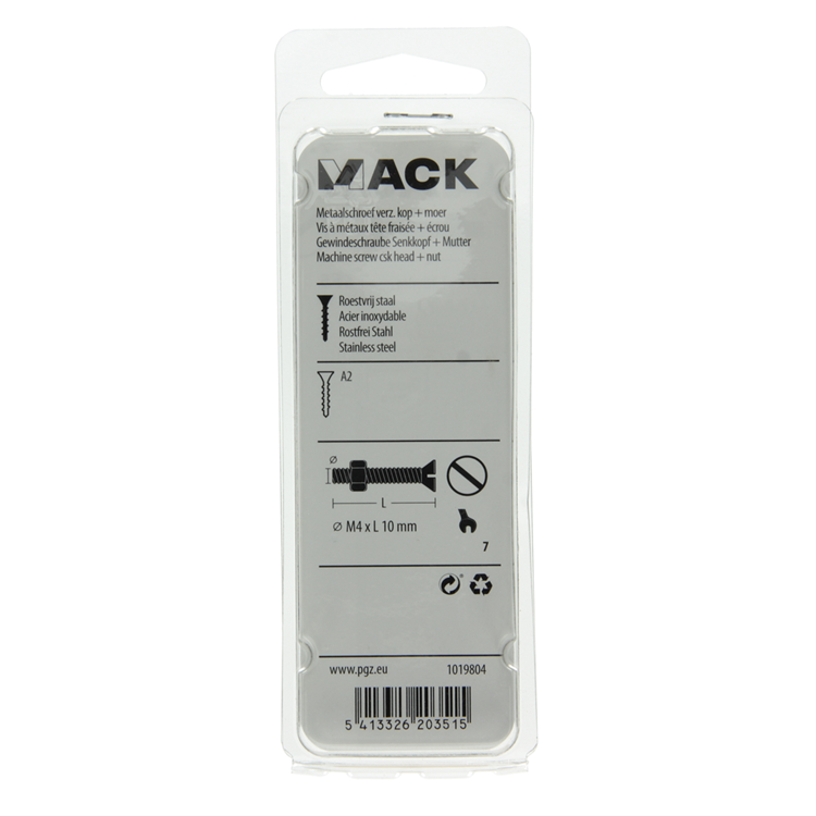 Mack 1019804 - metaalschroef verz. kop + moer rvs 15 st m4x10 | 10 stuks