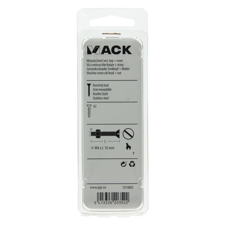 Mack 1019805 - metaalschroef verz. kop + moer rvs 13 st m4x16 | 10 stuks
