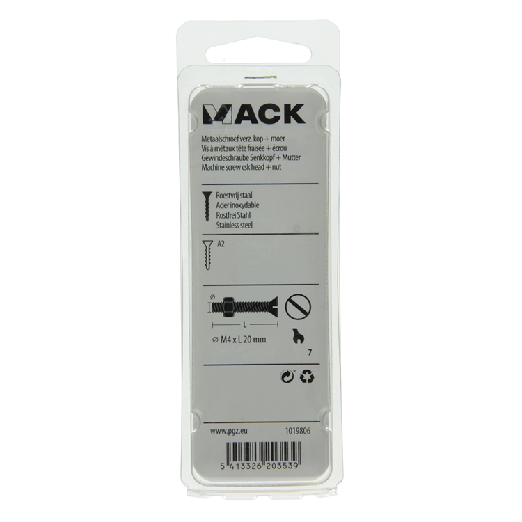 Mack 1019806 - metaalschroef verz. kop + moer rvs 12 st m4x20 | 10 stuks
