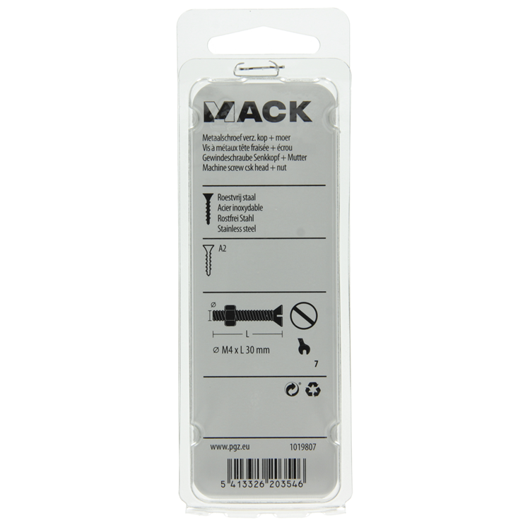 Mack 1019807 - metaalschroef verz. kop + moer rvs 10 st m4x30 | 10 stuks