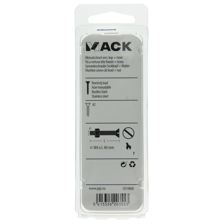 Mack 1019808 - metaalschroef verz. kop + moer rvs 8 st m4x40 | 10 stuks