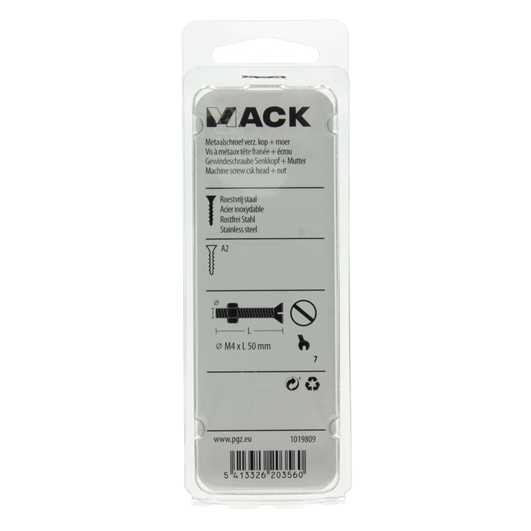 Mack 1019809 - metaalschroef verz. kop + moer rvs 7 st m4x50 | 10 stuks