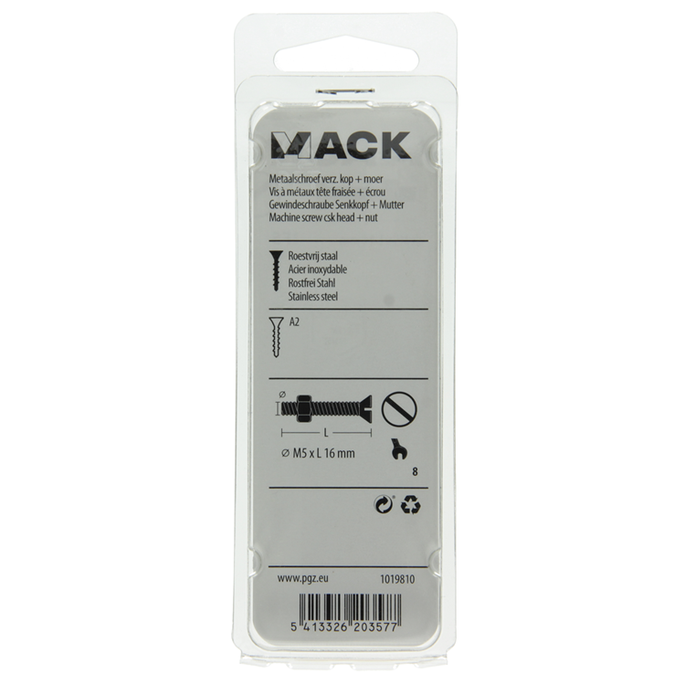 Mack 1019810 - metaalschroef verz. kop + moer rvs 8 st m5x16 | 10 stuks