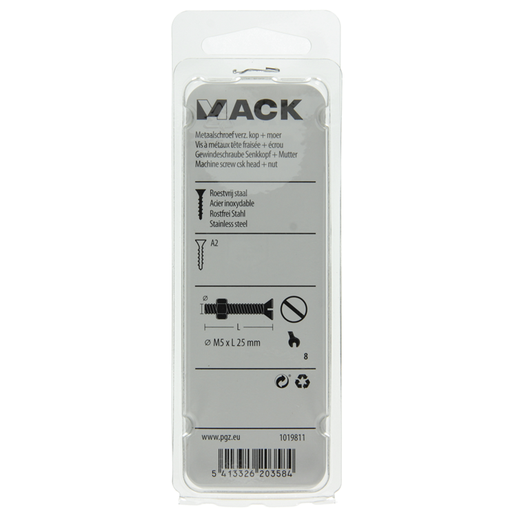Mack 1019811 - metaalschroef verz. kop + moer rvs 6 st m5x25 | 10 stuks