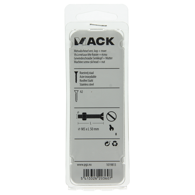Mack 1019813 - metaalschroef verz. kop + moer rvs 4 st m5x50 | 10 stuks