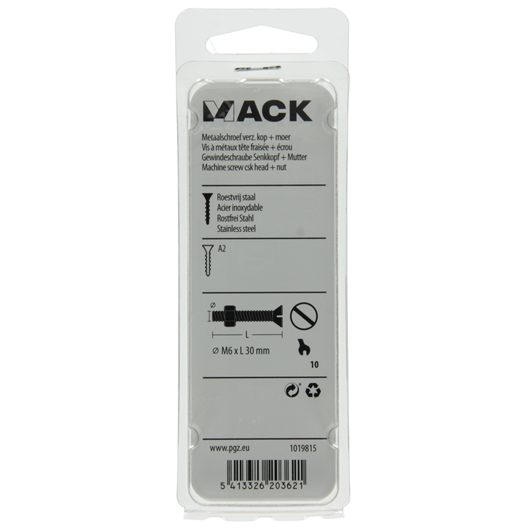 Mack 1019815 - metaalschroef verz. kop + moer rvs 4 st m6x30 | 10 stuks