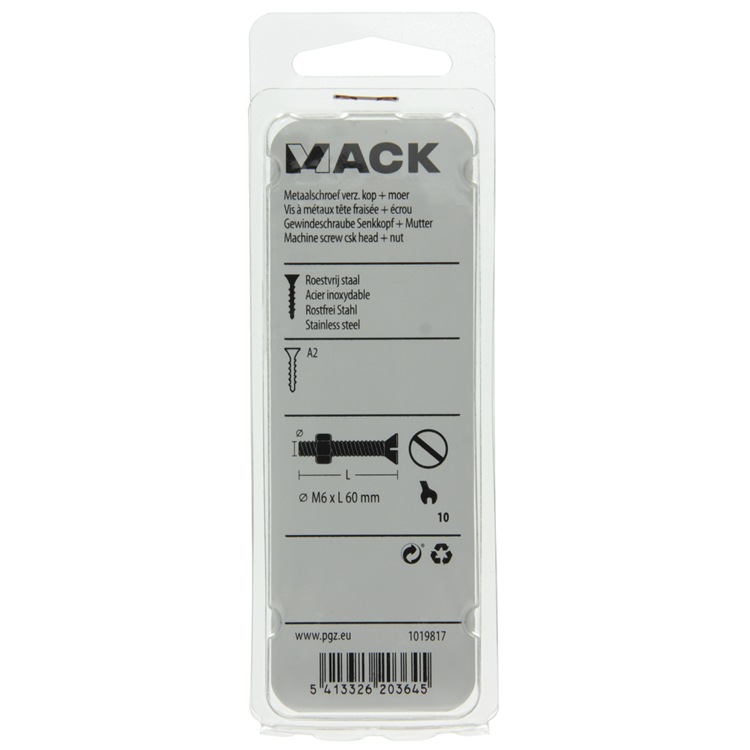 Mack 1019817 - metaalschroef verz. kop + moer rvs 2 st m6x60 | 10 stuks