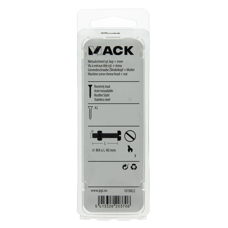 Mack 1019822 - metaalschroef cyl. kop + moer rvs 8 st m4x40 | 10 stuks