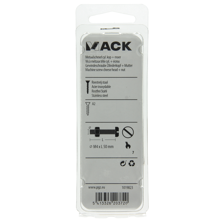 Mack 1019823 - metaalschroef cyl. kop + moer rvs 7 st m4x50 | 10 stuks