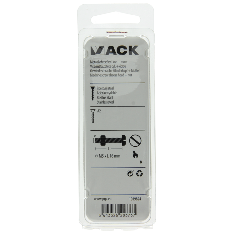 Mack 1019824 - metaalschroef cyl. kop + moer rvs 8 st m5x16 | 10 stuks