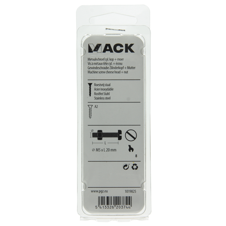 Mack 1019825 - metaalschroef cyl. kop + moer rvs 7 st m5x20 | 10 stuks
