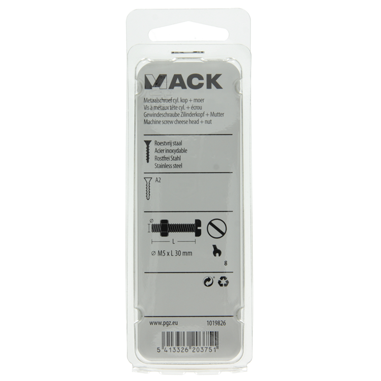Mack 1019826 - metaalschroef cyl. kop + moer rvs 6 st m5x30 | 10 stuks