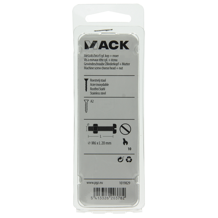 Mack 1019829 - metaalschroef cyl. kop + moer rvs 5 st m6x20 | 10 stuks