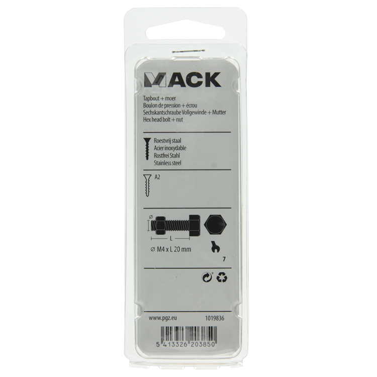 Mack 1019836 - tapbout + moer roestvrijstaal 10 st m4x20 | 10 stuks