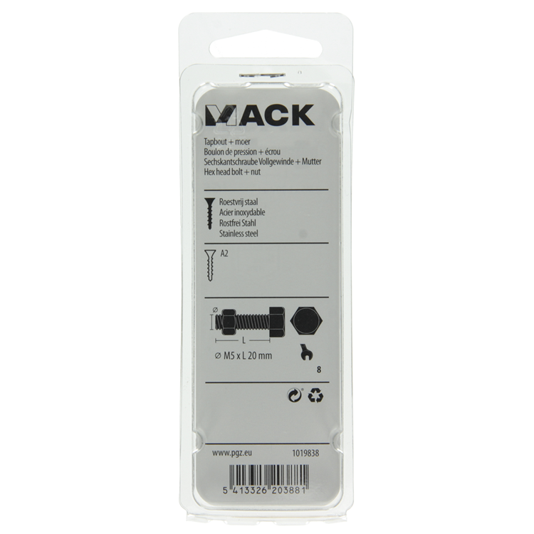 Mack 1019838 - tapbout + moer roestvrijstaal 6 st m5x20 | 10 stuks
