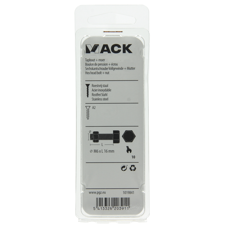 Mack 1019841 - tapbout + moer roestvrijstaal 5 st m6x16 | 10 stuks