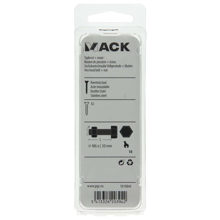 Mack 1019844 - tapbout + moer roestvrijstaal 3 st m6x50 | 10 stuks