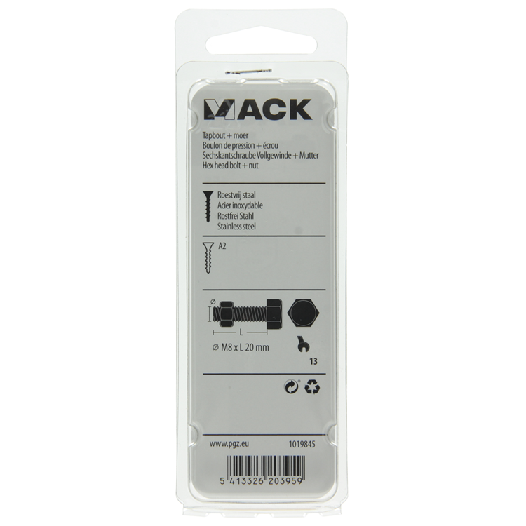 Mack 1019845 - tapbout + moer roestvrijstaal 2 st m8x20 | 10 stuks