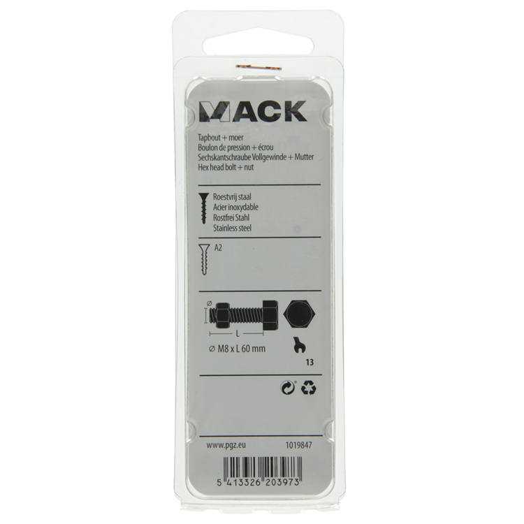 Mack 1019847 - tapbout + moer roestvrijstaal 2 st m8x60 | 10 stuks