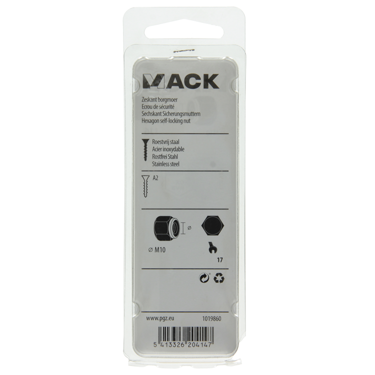 Mack 1019860 - zeskant borgmoer inox a2 4 st m 10 | 10 stuks