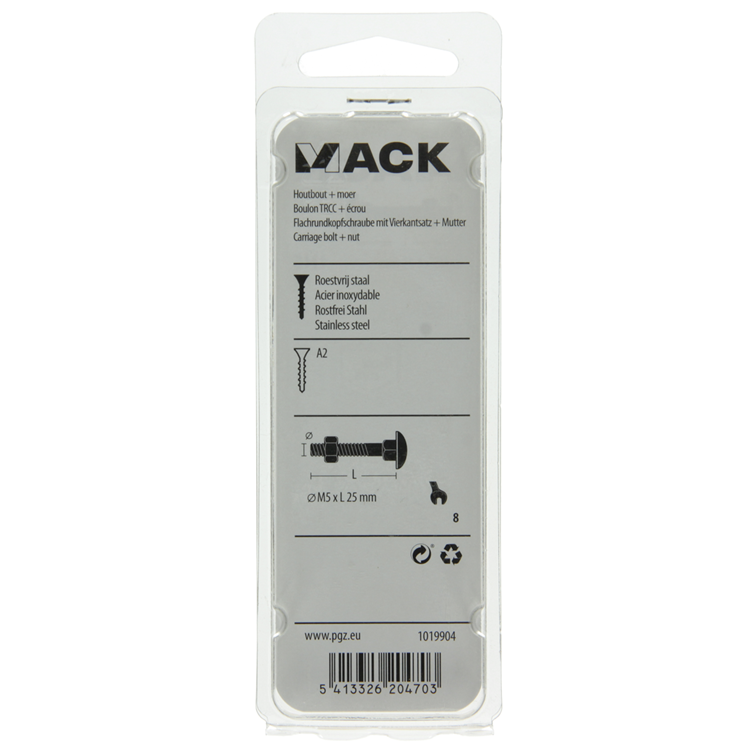 Mack 1019904 - houtbout + moer roestvrijstaal 7 st m5x25 mm | 10 stuks