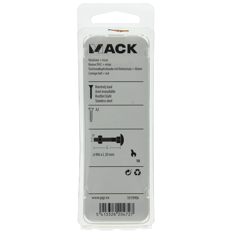 Mack 1019906 - houtbout + moer roestvrijstaal 6 st m6x20 mm | 10 stuks