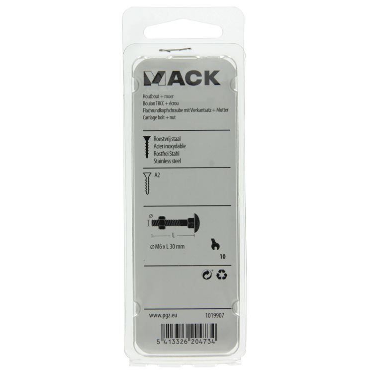 Mack 1019907 - houtbout + moer roestvrijstaal 5 st m6x30 mm | 10 stuks