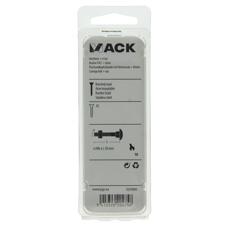 Mack 1019909 - houtbout + moer roestvrijstaal 3 st m6 x 50 mm | 10 stuks