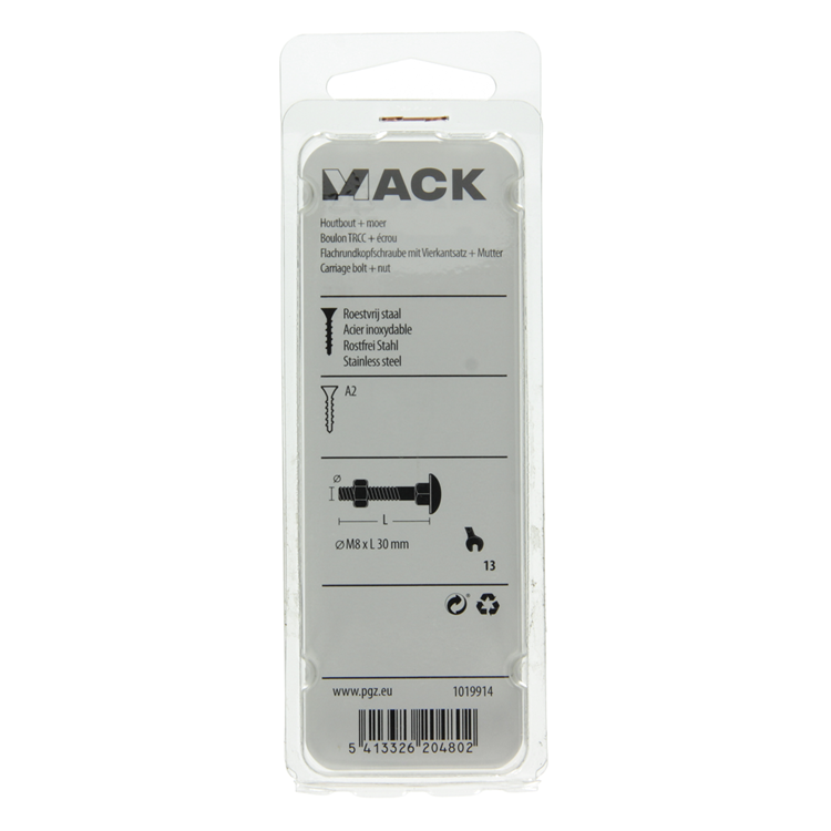 Mack 1019914 - houtbout + moer roestvrijstaal 5 st m8 x 30 mm | 5 stuks