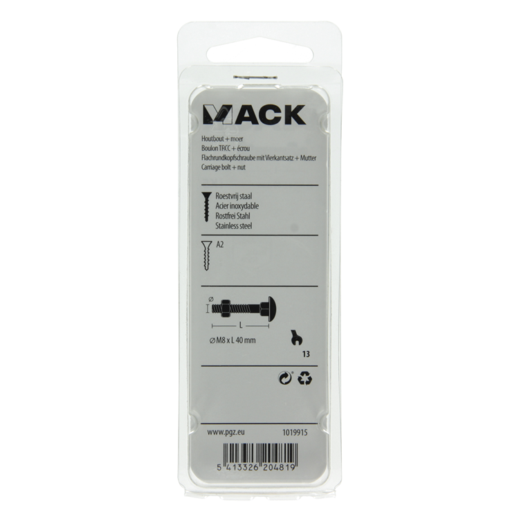 Mack 1019915 - houtbout + moer roestvrijstaal 4 st m8 x 40 mm | 5 stuks