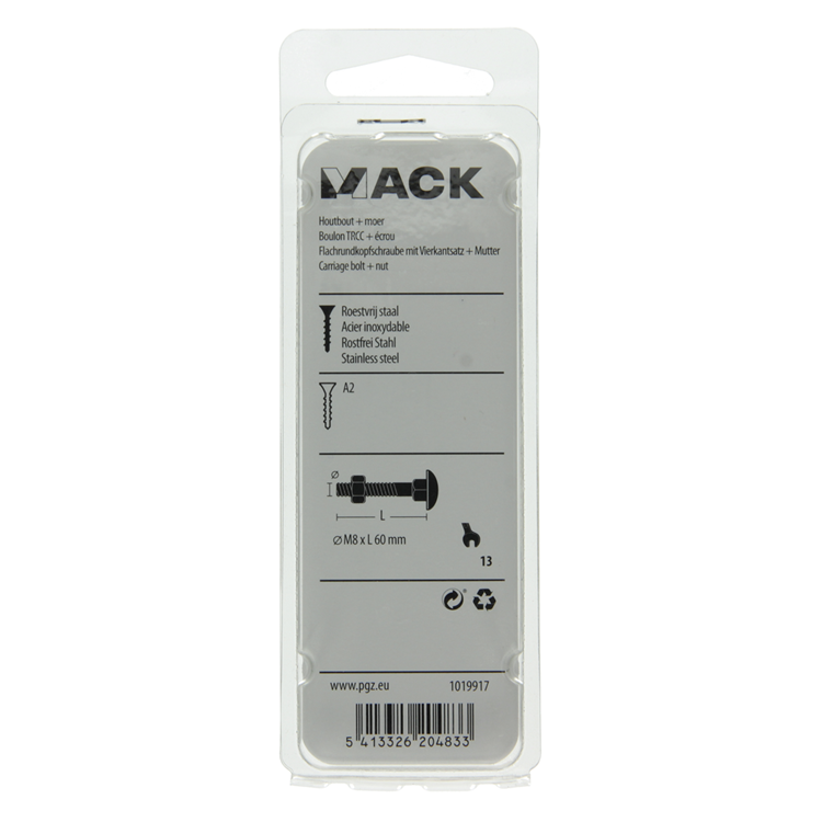 Mack 1019917 - houtbout + moer roestvrijstaal 3 st m8 x 60 mm | 5 stuks
