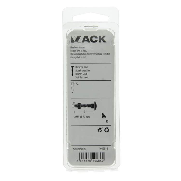 Mack 1019918 - houtbout + moer roestvrijstaal 2 st m8 x 70 mm | 5 stuks
