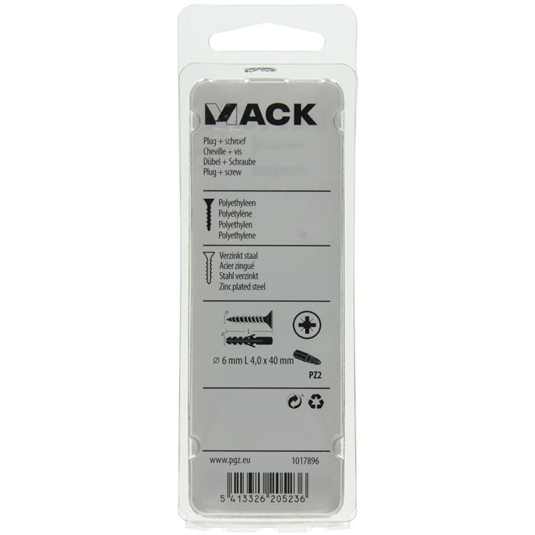 Mack 1017896 - plug + schroef polyethyleen 20 st 6 mm 4,0 x 40 mm | 5 stuks