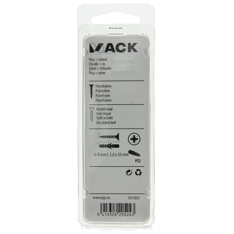 Mack 1017897 - plug + schroef polyethyleen 10 st 8 mm 5,0 x 50 mm | 5 stuks