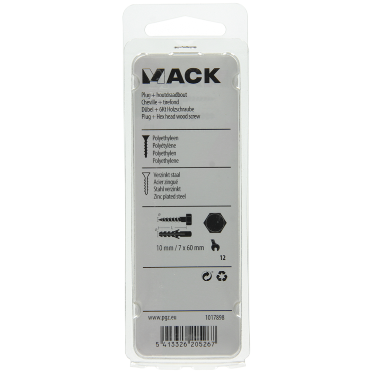 Mack 1017898 - plug + houtdraadbout polyeth 4 st 10 mm 7x60 mm | 5 stuks