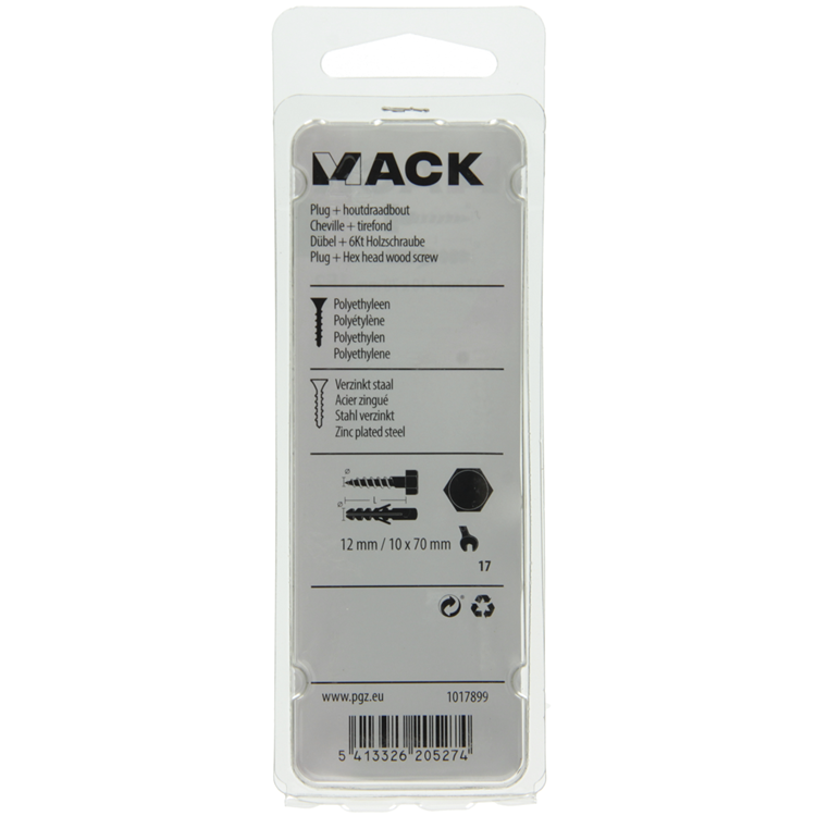 Mack 1017899 - plug + houtdraadbout polyeth 2 st 12 mm 10x70 mm | 5 stuks