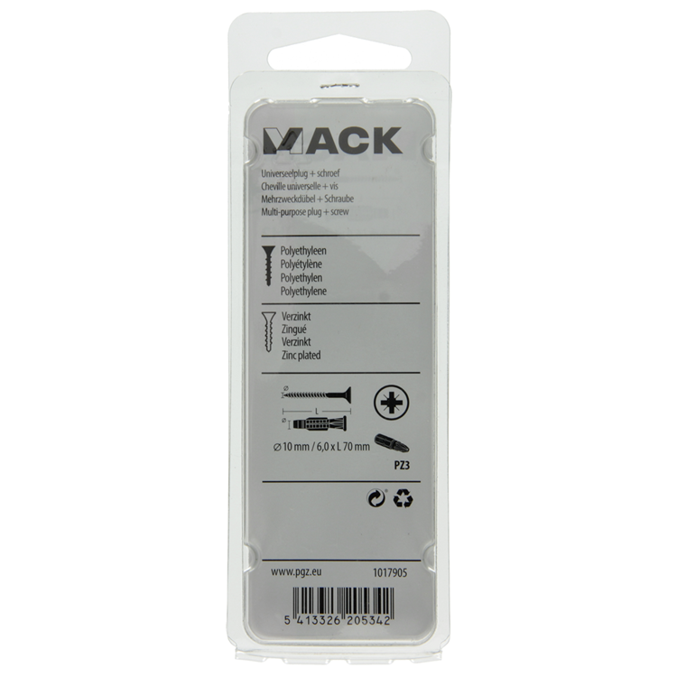 Mack 1017905 - universeelplug + schroef polyeth6 st 10mm 6,0x70mm | 5 stuks