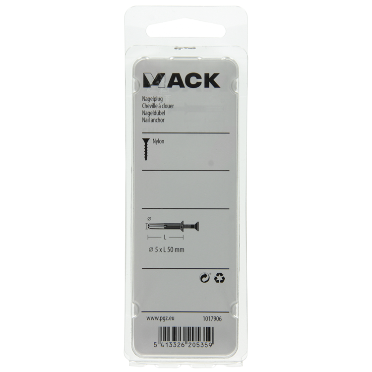 Mack 1017906 - nylon nagelplug polyamide 16 st 5 x 50 mm | 5 stuks