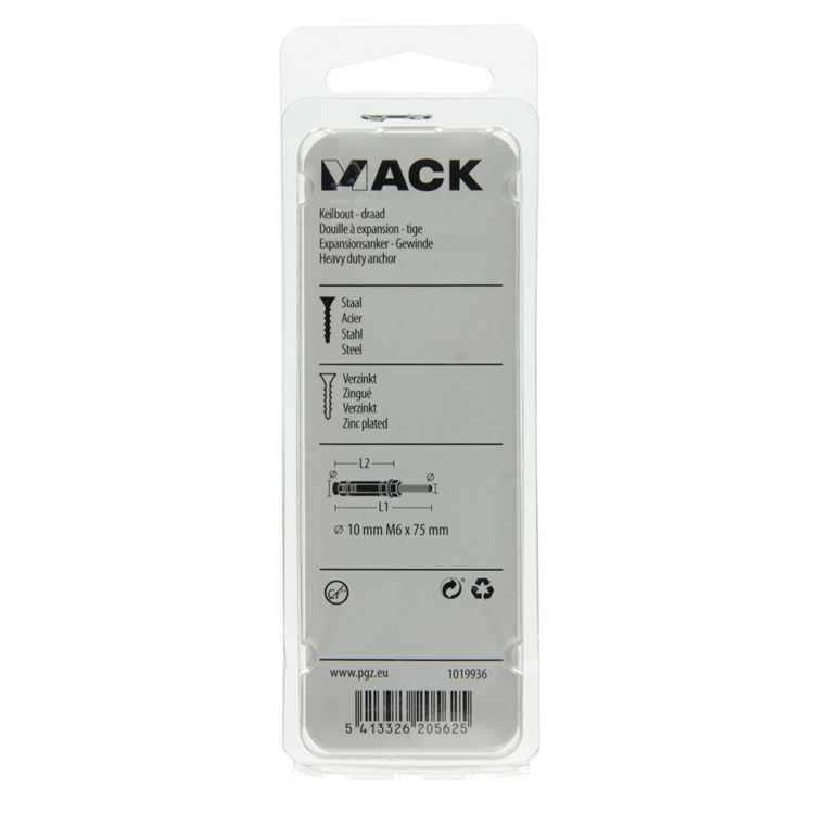 Mack 1019936 - keilbout met draadst. verzinkt 4 st m6 x 75 mm | 5 stuks