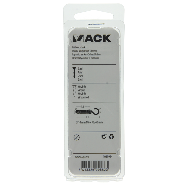 Mack 1019954 - keilbout schroefhaak verzinkt 2 st m6x70 10x40 | 5 stuks