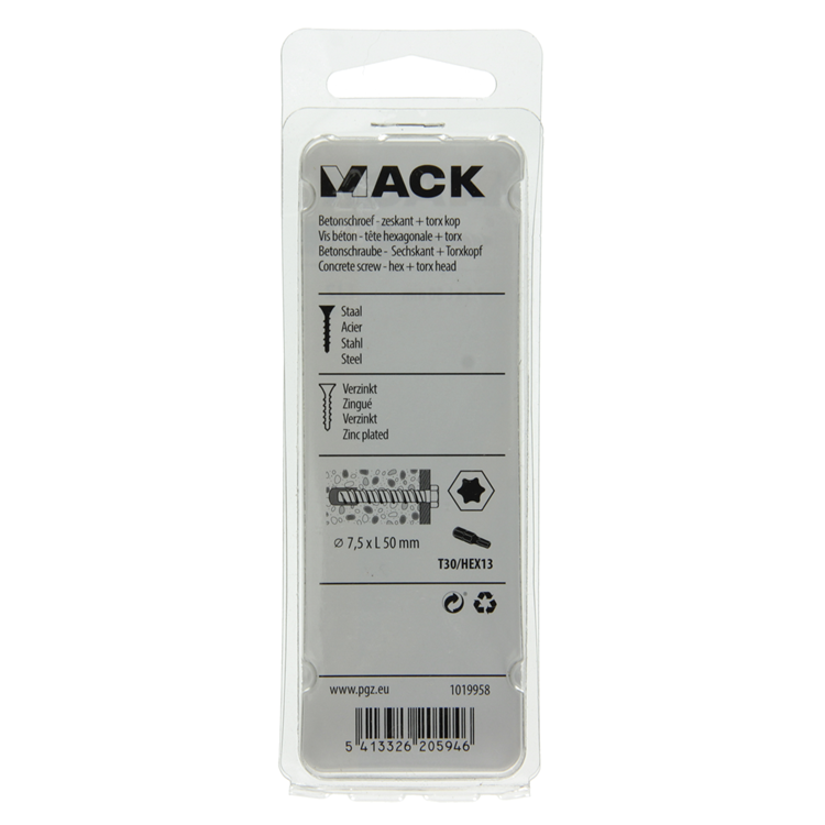 Mack 1019958 - betonschroef verzinkt 6kant 4st 7,5 x 50 mm | 5 stuks