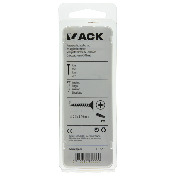 Mack 1017957 - spaanplaatschroef vz kop geelverz.200st 2,5 x 16 mm | 10 stuks