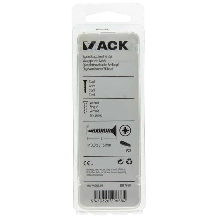 Mack 1017959 - spaanplaatschroef vz kop geelverz 200st 3,0 x 16 mm | 5 stuks