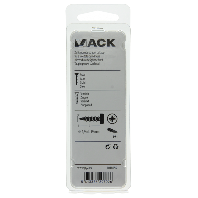Mack 1018056 - zelftappende schroef cylkop verz. 80 st 2,9 x 19 mm | 10 stuks