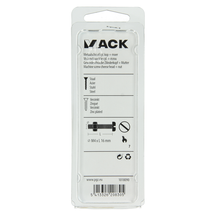 Mack 1018090 - metaalschroef cyl. kop + moer verz. 60 st m4 x 16 mm | 5 stuks